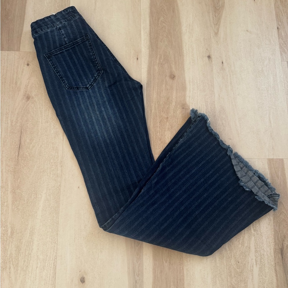 Dark Blue Striped Flare Jeans
